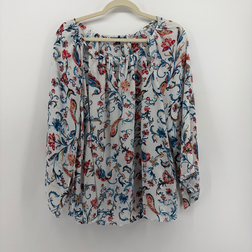 Zac & Rachel Womens XL White Paisley Floral Blouse Bell Sleeve Keyhole Top